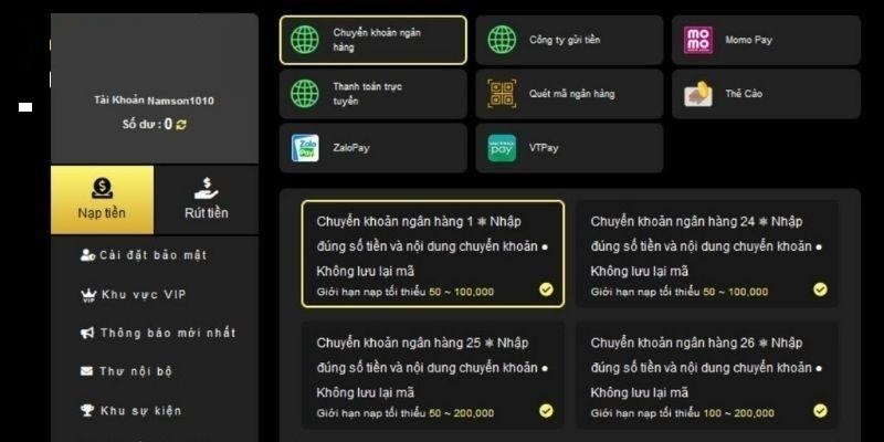 Nhập thông tin thanh toán để thực hiện nạp tiền